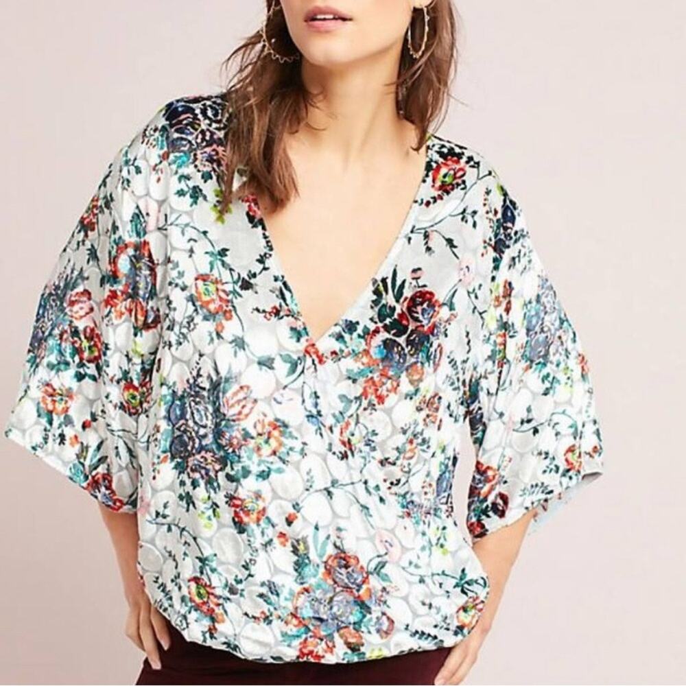 Anthropologie Maeve Gray Multicolor Floral Velvet V Neck Wrap Blouse Size Medium